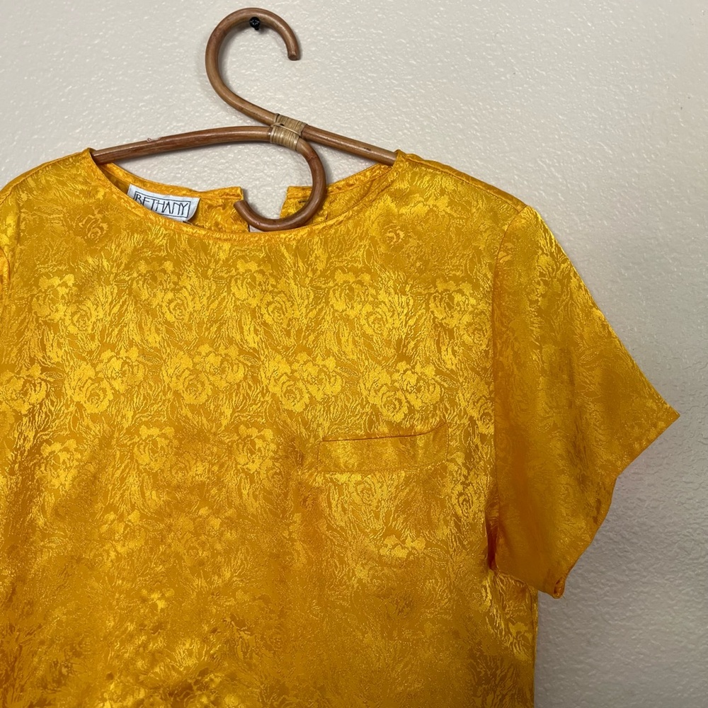 VINTAGE 80s Yellow Floral Print Silk Like Top